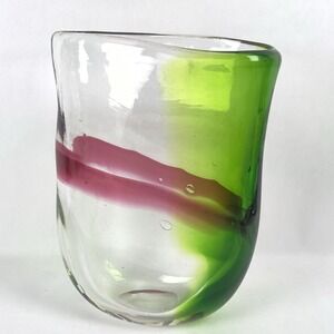 Vtg Hand Blown Art Glass Vase Clear Green Pink Swirl Sommerso Style Asymmetrical
